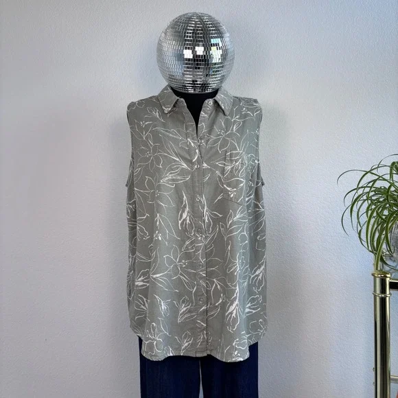 ecothreads Womens Sleeveless Button Up Shirt Green Floral Linen Blend Size L - Picture 2 of 16